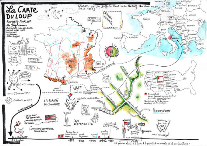 Quartier rouge - Penser le retour des loups sur la montagne limousine - Prise de notes cartographiées de Laurie-Anne Estaque sur l’arpentage des Diplomates de Baptiste Morizot (Wildproject, 2016)