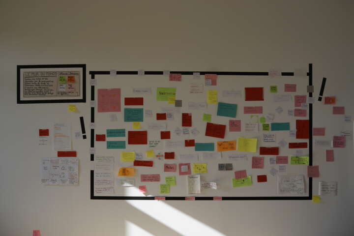 Quartier rouge - Faire exposition - Le mur du fonds rassemble les mots qui interpellent les participant·es et forment une sorte de carte mentale du séminaire. 