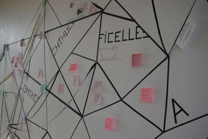 Quartier rouge - Faire exposition - Un des groupes de participant·es s'attelle à réfléchir à exposer un arpentage de Vivre avec le Trouble de Donna Harraway, dont les traces sont mises en partage par Quartier rouge. 