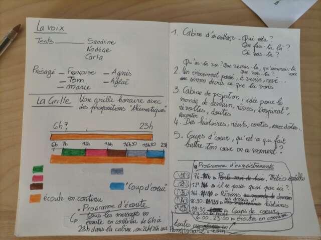 Quartier rouge - La Cabine - La grille est composée de cinq programmes thématiques qui évoluent au fil de la journée et sont pensés en lien avec les activités de la gare et son environnement : horaires des transports, activités du lieu, type d'usager·es. 
